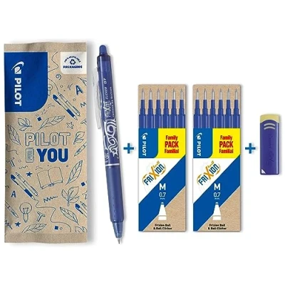 Abbildung von PILOT FriXion Clicker 0.7 1 Stift/12 Minen/1 Radierer Farbe Blau Radierbarer, nachfüllbarer Gel Tintenroller mit Druckmechanik und thermosensitiver Tinte, mittlere Spitze
