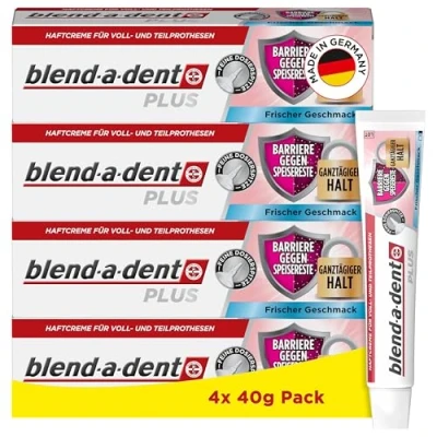 Abbildung von Blend a dent Plus Barriere Gegen Speisereste Haftcreme für Voll &amp; Teilprothesen, Made in Germany, Frischer Geschmack, 4x40g