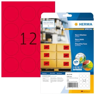 Abbildung von HERMA 5156 Farbige Etiketten rund Neon rot, 20 Blatt, Ø 60 mm, 12 pro A4 Bogen, 240 Stück, selbstklebend, bedruckbar, matt, blanko Papier Farbaufkleber