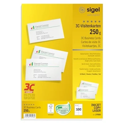 Abbildung von SIGEL LP800 bedruckbare Visitenkarten 3C, 100 Stück (10 Blatt), hochweiß, glatter Schnitt rundum, 250 g, 85x55 mm
