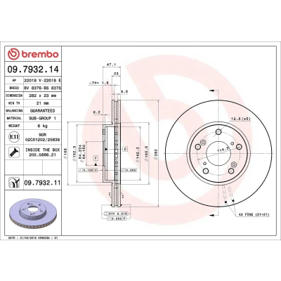 Abbildung von BREMBO COATED DISC LINE 09.7932.11 Bremsscheibe 282 23 5 innenbelüftet beschichtet mit Schrauben HONDA: Accord 7 Limousine, HR V II, Tourer