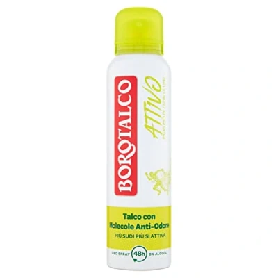 Abbildung von Borotalco, Aktives gelbes Lufterfrischer Spray, alkoholfreie Formel und mit Talkum Anti Geruch Molekülen, frische Wirksamkeit, 48 Stunden Zeder Limette 1 Flasche à 150 ml
