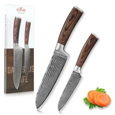 Abbildung von Wakoli Edib 2er Damastmesser Set, scharfe 12 und 17cm Klingen I Premium Küchenmesserset aus 67 Lagen Damaststahl mit Griffen Pakkaholz Edles Profi Kochmesserset in Geschenkverpackung