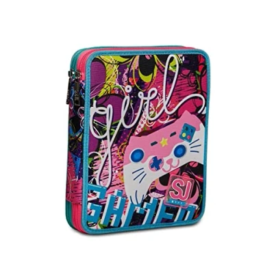 Abbildung von SJ GANG STYLE JAM Schulmäppchen mit 2 Reißverschlüssen, Gleamled Girl Doppelfach Bleistiften, Stiften und Markern, Rosa, 25 x 19 5 cm, Kaktus Flower, Taglia Unica, Schule