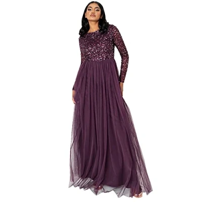 Abbildung von Maya Deluxe Damen Women&#039;s for Wedding Guest Plus Size Large Rich High Waist Sequins Long Sleeve Prom Evening Bridesmaid Dress, Beere, 42 EU