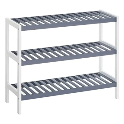 Abbildung von SONGMICS Schuhregal aus Bambus, Schuhablage mit 3 Ebenen, Schuh Organizer, Regal für Schuhe, Pflanzen, Bücher, Wohnzimmer, Flur, Schlafzimmer, Badezimmer, 26 x 70 55 cm, weiß grau LBS03WG