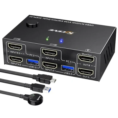 Abbildung von USB 3.0 HDMI KVM Switch 2 PC Monitore 4K@60Hz 2K@144Hz, Simulation EDID, MLEEDA Monitor mit 4 Ports für Tastatur Maus, Kabelfernbedienung und Kabel Inbegriffen