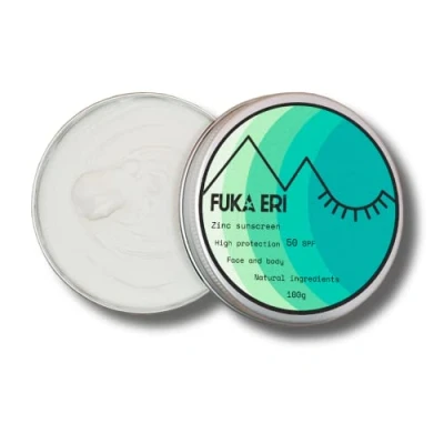 Abbildung von FUKA ERI Sonnencreme mit Zink non nano. LSF 50. Mineralische und natürliche zutaten. Sonnenschutz vegan/wasserfest. Gesicht Körper. Riffsicher. Ohne Plastik 100g.