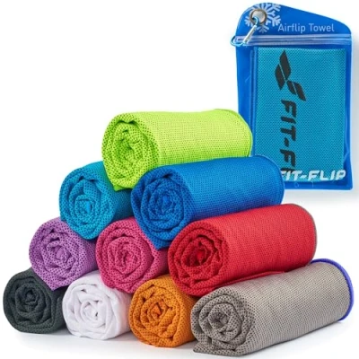 Abbildung von Fit Flip Kühltuch Airflip Towel das kühlende Sporthandtuch als Cooling und mikrofaser Ice Kühlhandtuch für Fitness Sport (blau dunkel Blauer Rand, 100x30cm)