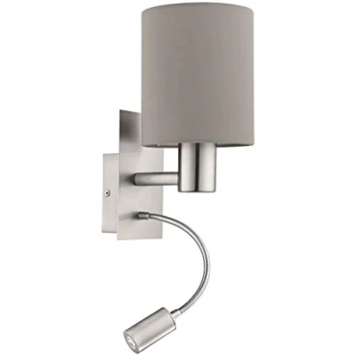 Abbildung von EGLO LED Wandlampe Pasteri, 2 flammige Textil Wandleuchte, Material: Stahl, Stoff, Farbe: Nickel matt, taupe, Fassung: E27, inkl. Schalter und flexiblen Leselicht