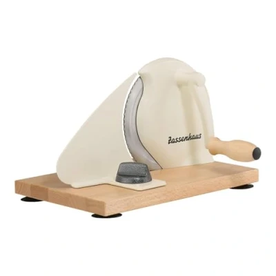 Abbildung von Zassenhaus Brotschneidemaschine manuell CLASSIC Beige Solinger Klingenstahl Schnittstärken: 1 18mm Brett und Kurbel aus Buchenholz 30 x 25,5 19cm