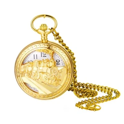 Abbildung von JewelryWe Zug Taschenuhr Gold mit Kette: Damen Herren Vintage Dampfzug Kettenuhr Analog Quarz Skelett Uhr Anhänger Halskette Pullover Kette Pocket Watch Geschenk