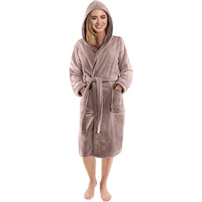 Abbildung von NY Threads Morgenmantel für Frauen mit Kapuze, kuschelig weich, Loungewear und Nachtwäsche (Klein,Taupe)