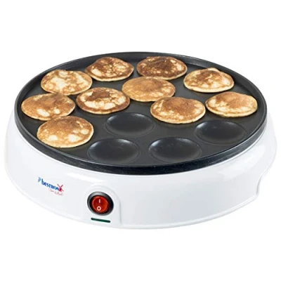 Abbildung von Bestron Poffertjes Maker im Retro Design, Mini Pfannkuchen Automat, mit Antihaftbeschichtung, Sweet Dreams, 800 W, Weiß