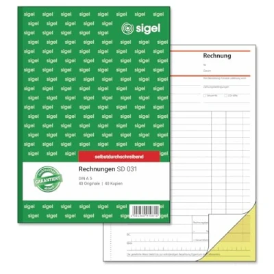 Abbildung von SIGEL SD031 Rechnungen, A5, 2x40 Blatt, selbstdurchschreibend, 1 Stück, mikroperforiert, mit Abheftlochung, aus nachhaltigem Papier