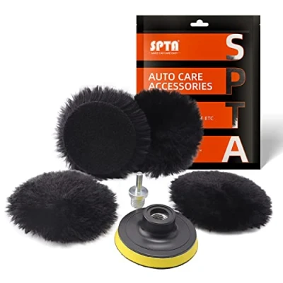 Abbildung von SPTA Lammfell pad, Lammwollhaube, Lammfell, 5tlg 80mm Polieren polierscheibe Polierset Set Wolle pad Lammwolle Klett + M14 Bohrer Adapter für Auto poliermaschine HWPPS3M14M6