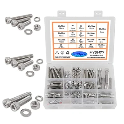 Abbildung von HVDHYY Zylinderschrauben mit Innensechskant M5 M6 M8 Schrauben set A2 70 Edelstahl Sechskopf Maschinenschrauben,Muttern,Unterlegscheiben Sortiment Kit Hex Socket Button Aufbewahrungsbox 300pcs