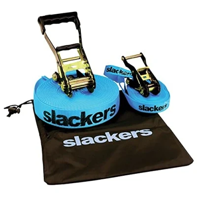 Abbildung von Slackers USA Slackline Classic 15m, Set mit zusätzlicher Teaching Line, Handlauf zum leichten Erlernen, Ratschenschutz, Anleitung, Tasche, ideal für Kinder und Familie, 980010