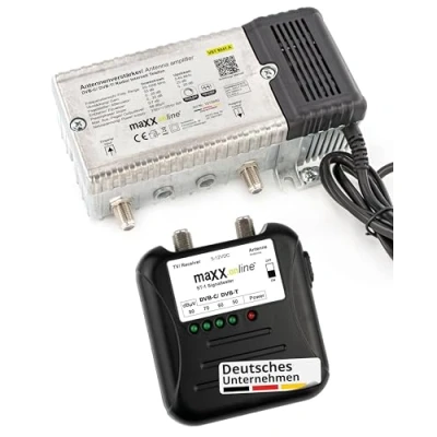Abbildung von maxx.onLine Antennenverstärker für Kabelfernsehen 33 dB Verstärkung inkl. Signaltester Messgerät DVB C/DVB T, Hausanschlussverstärker C, Hausverstärker, Kabel Verstärker