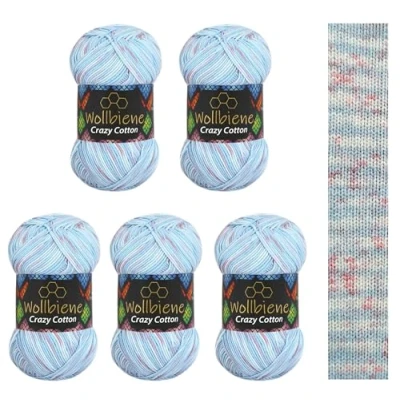 Abbildung von 5 x 100g Wollbiene Crazy Cotton Batik 500 Gramm mit Farbverlauf 55% Baumwolle mehrfarbig Multicolor Strickwolle Häkelwolle Wolle Ganzjahreswolle (6070 hellblau flieder color)