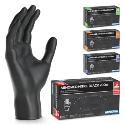 Abbildung von ARNOMED 200x Einweghandschuhe Schwarz, Einmalhandschuhe S, Nitrilhandschuhe puderfrei, Handschuhe Einweg latexfrei, Gummihandschuhe Einweg, Nitril, M, L &amp; XL