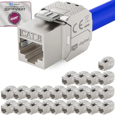 Abbildung von hb digital 24x CAT 8.1 Keystone Modul Jack GHMT zertifiziertes RJ45 Buchse STP 2000MHz 40Gbit/s LSA werkzeuglos Kupplung Netzwerk Einbaubuchse für Patchpanel Ethernet LAN Verlegekabel