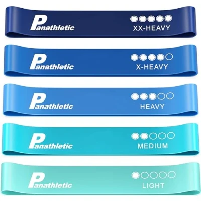Abbildung von Panathletic Fitnessbänder, 5er Set 5 Verschiedene Stärken, Übungsanleitung, eBook auf Deutsch, Tragebeutel 5X Fitnessband, Gymnastikband, Widerstandsband