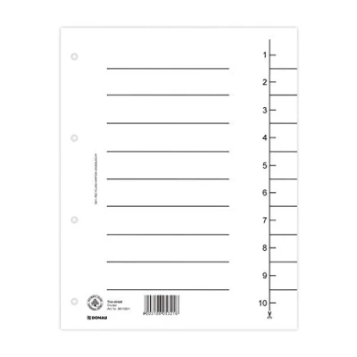 Abbildung von DONAU 8610001 09 100er Pack Trennblätter, Farbe: Weiß/ Karton Register überbreit Aus Recycling 250 g/qm mit Linienaufdruck für DIN A4 4 Fach Lochung Trennlaschen Trennblätter Ordner