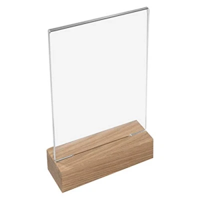 Abbildung von HMF 46940 Acryl Tischaufsteller mit Holzfuß DIN A6 Hochformat Glasklar