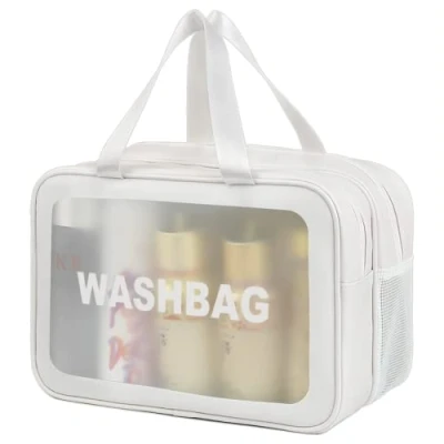 Abbildung von SZDPC Groß Kulturbeutel Damen &amp; Herren, Reise Kulturtasche mit Tragegriff, matt durchscheinende Duschtasche (White XL)