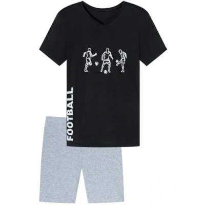 Abbildung von Jungen Schlafanzug kurz, weicher Single Jersey aus 100% Baumwolle und Hose in Bermuda Form mit Fussball Motiv Three Players, schwarz Grösse 176