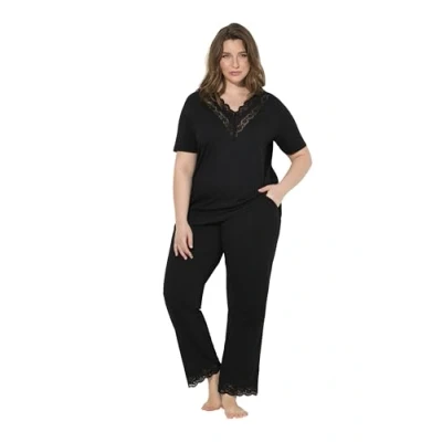 Abbildung von Ulla Popken Damen große Größen Übergrößen Plus Size Pyjama, Spitze, V Ausschnitt, Halbarm, Taschen