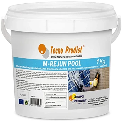 Abbildung von M REJUN POOL von Tecno Prodist 1 kg Flexible Fugenmörtel zum Abdichten Fliesen und Putz in Schwimmbädern, Keramik, Ziegel, etc, geeignet für dauerhaftes Eintauchen (Dichtung 2 bis 20 mm) weiß