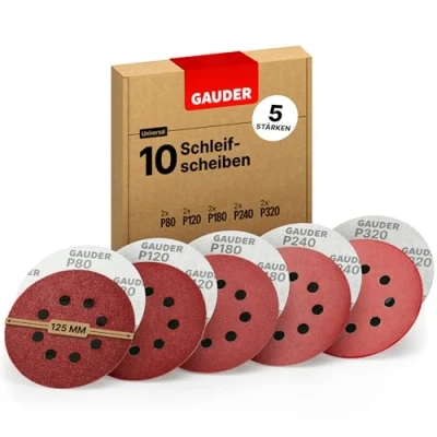 Abbildung von GAUDER Starter Schleifscheiben Set für Exzenterschleifer Ø 125mm 10 Stück Schleifpapier Klett 8 Loch Schleifblätter rund je 2 x 80/120/180/240/320 Körnung