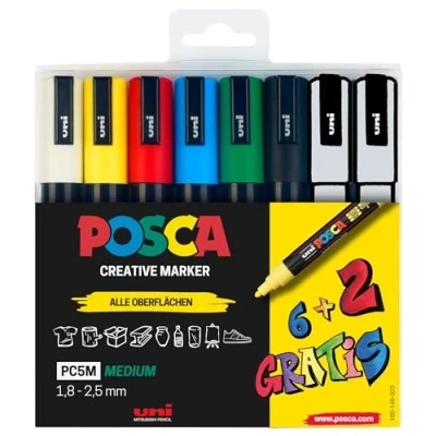 Abbildung von Faber Castell uni ball 186826 POSCA Marker Set, 8er Etui Acrylstifte PC 5M, 1.8 2.5 mm, 6 Standardfarben + 2 wechselnde Sonderfarben