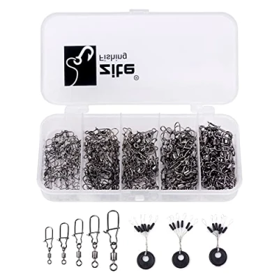 Abbildung von Zite Fishing Sicherheits Wirbel Set Angeln 150 STK Karabiner Angelwirbel Sortiment 5 Größen Box + Schnur Stopper