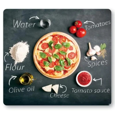Abbildung von KESPER Multi Glasschneideplatte/Herdabdeckplatte/Herdblende, Material: ESG Sicherheitsglas, Maße: 56 x 50 0,8 cm, Motiv: Pizza, Farbe: Grau, Rot 36598 13
