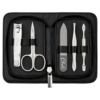 Abbildung von Chali® Maniküre Set 5 teilig Edelstahl Nagelset für Herren und Damen mit Etui Nagelschere, Nagelknipser, Pinzette, Glasnagelfeile, Nagelhautschieber