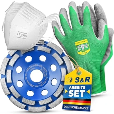Abbildung von S&amp;R Diamantschleiftopf Set 3 tlg, 1 Schleiftopf, Paar Arbeitshandschuhe, 5 Staubschutzmasken, 125 x 22,23 mm für Beton, Granit, Naturstein, Stein, Mauerwerk, 2 reihig, Winkelschleifer