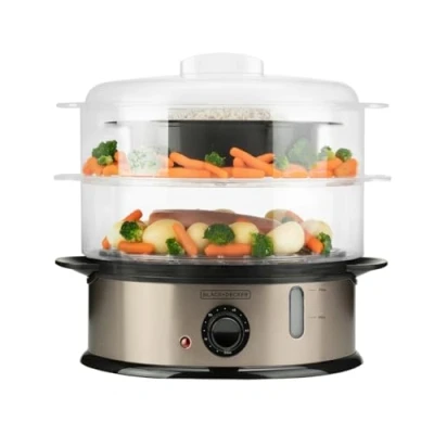Abbildung von BLACK+DECKER BXST800E Dampfgarer, 800 W, Fassungsvermögen 6,5 l, 2 Etagenplatten, BPA frei, Mit Zubehör, Einfache Reinigung, Stapelbare Behälter, Timer