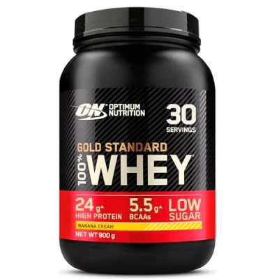 Abbildung von Optimum Nutrition Gold Standard 100% Molkenproteinpulver für Muskelaufbau und regeneration mit natürlich vorkommendem Glutamin BCAA Aminosäuren, Banana Cream, 30 Portionen, 900 g