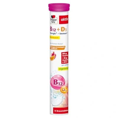 Abbildung von Doppelherz Vitamin B12 + D3 Hochdosiert mit 300 μg und 800 I.E. für eine normalen Funktion des Immunsystems 15 Brausetabletten