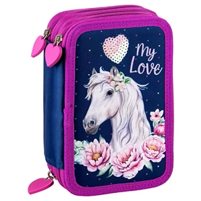 Abbildung von Ragusa Trade Mädchen Kinder Pferde 3 Fach Federtasche Federmappe Schlamper 44 TLG. gefüllt (PF3FAB), blau/rosa, 20 x 13 6 cm