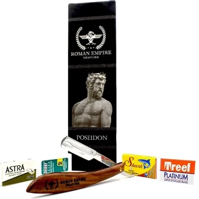 Abbildung von Roman Empire Shaving® Rasiermesser Poseidon Set mit 20 Rasierklingen Astra, Derby, Shark, Treet