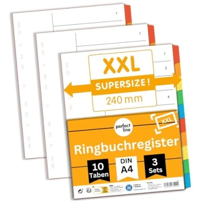 Abbildung von perfect line Ordner Register XXL DIN A4, 10 teilig, 3er Set, Karton, made in Germany, Blauer Engel zertifiziert