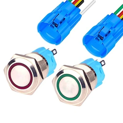 Abbildung von Gebildet 2Stücke 16mm Edelstahl Kurzzeitiger Drucktasten 12V 24V 5A LED 1NO1NC SPDT ON Off Wasserdichter Momentan Drück Knöpfe mit Steckdose Stecker (Rot + Grün LED)