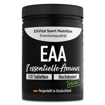 Abbildung von EXVital EAA Tabletten mit je 1036 mg pro Tablette 510 Tabletten, Alle 8 essentiellen Aminosäuren EAAs Multi Amino hochdosiert Vegan in Deutschland abgefüllt Ohne Zusatzstoffe