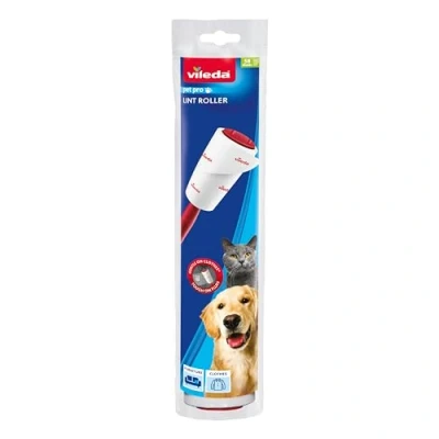 Abbildung von Vileda Bürste gegen Fussel/Bürste, selbstklebend, Tierhaare 58 Blatt pro Rolle roter Griff 2 Stück