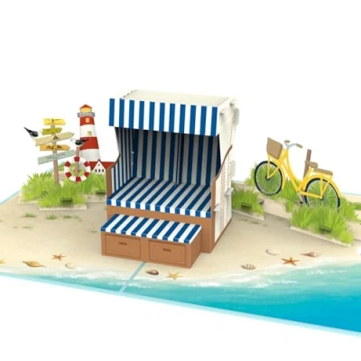 Abbildung von papercrush® Pop Up Karte Strandkorb 3D Geburtstagskarte für Urlaub am Meer, Tolles Geldgeschenk Strandurlaub, Reise an Nordsee, Sylt &amp; Ostsee, Gutschein Urlaubsreise Urlaubsgeld