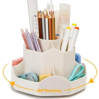 Abbildung von Euqvunn Drehbarer Schreibtisch Organizer, Stiftehalter Kinder mit 9 Fächern, 360 Stifte Organizer Platzsparender Schreibtisch, Moderne Zubehör Ordentlich(Beige)